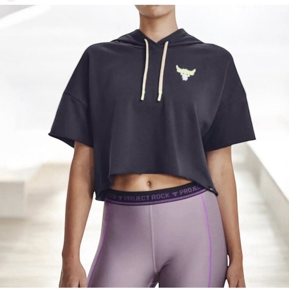 Under Armour Project Rock Terry Cropped Hoodie Iron Paradise Blue Sz 1X - Picture 1 of 10
